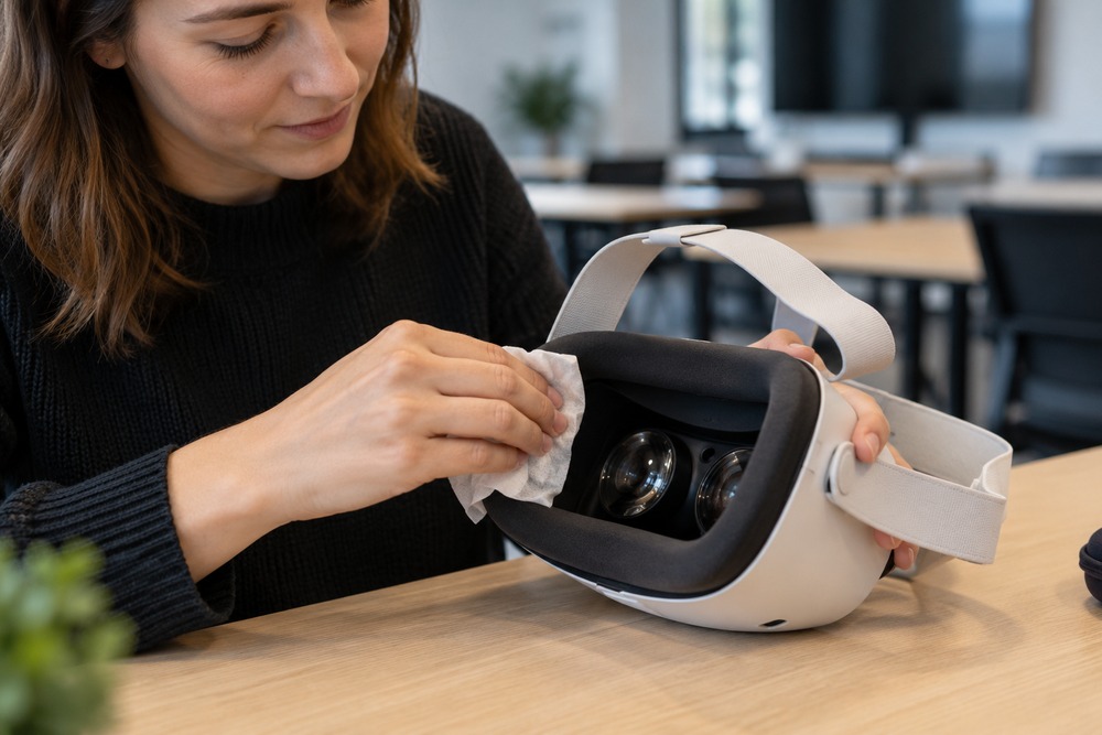 How do we keep VR headsets clean between training sessions?